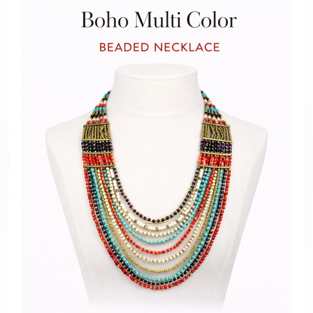 Boho Multi Color Beaded Statement Necklace.